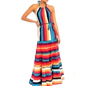 Luxxel Rainbow Stripe Halter Maxi Low Back Sash Waist Tie Ruffle Hem Dress